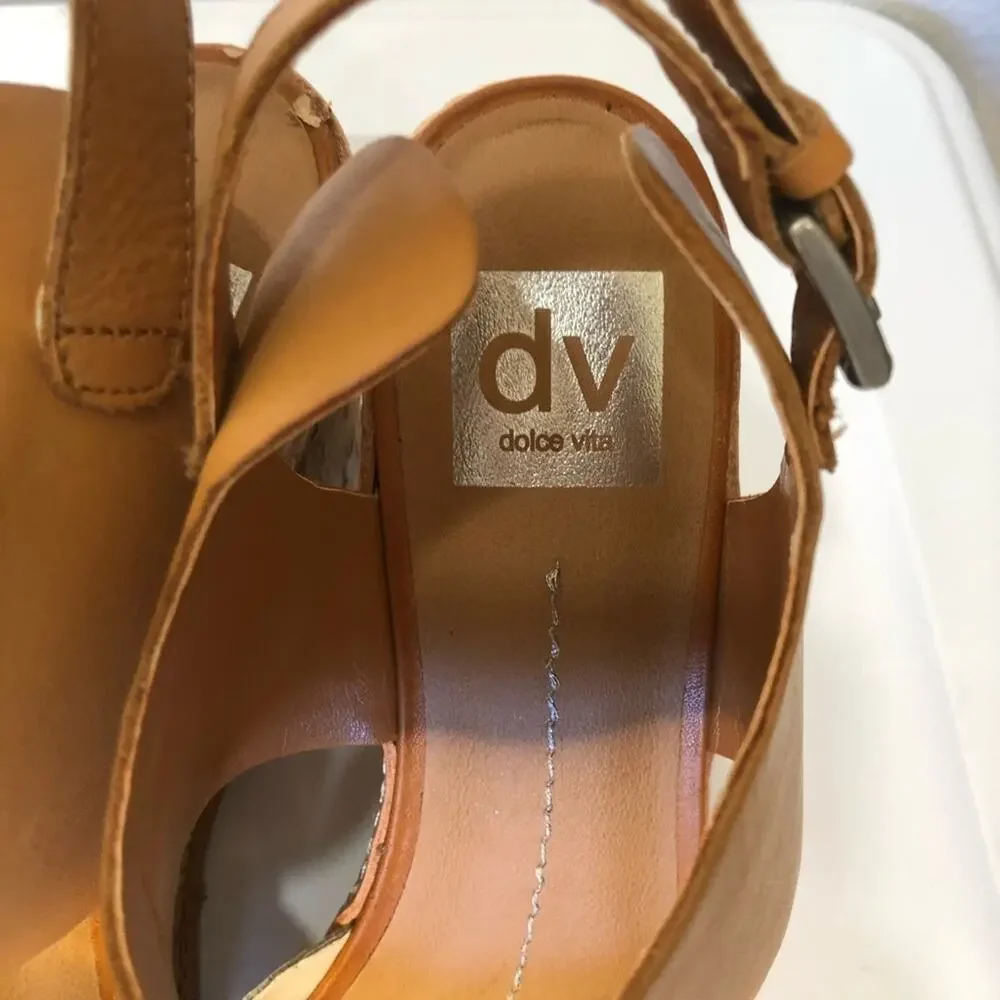 Dolce Vita White Tan Leather Cork Wedge Sandals 9.5